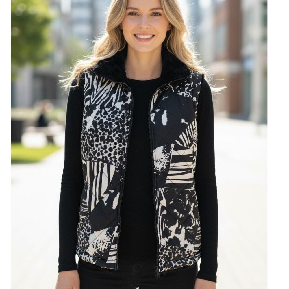 Puffer Vest Faux Fur Lined SM Black White Pockets Quilted Animal Print Multiples